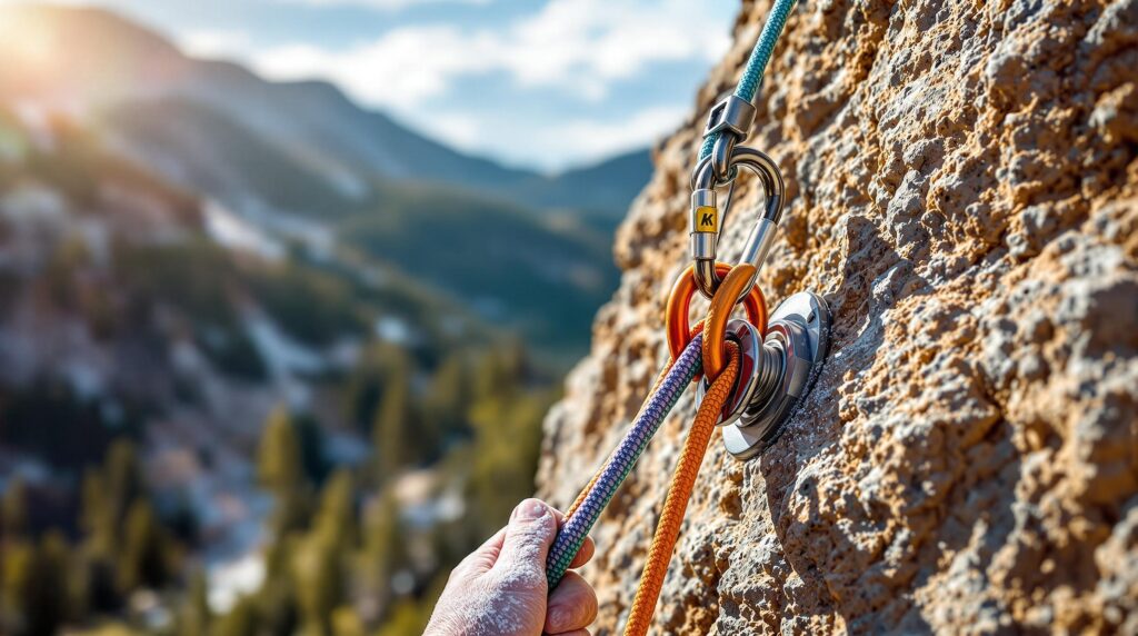 Close-up of a secure climbing anchor system set in coarse granite, with a climber’s hand adjusting carabiners and quickdraws, blurred pine trees and sky in the background.