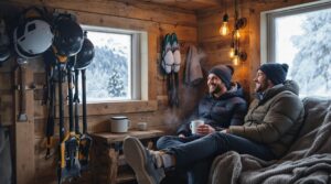 Two ice climbers relaxing in a rustic cabin, gear drying beside them, steam from a nearby shower, and a small Wi-Fi router glowing, with warm lighting and a winter window view.