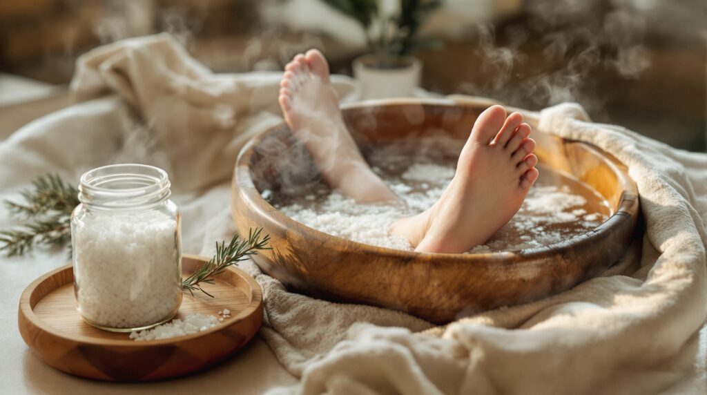 Close-up of feet soaking in a wooden basin with steaming mineral water, coarse salts, a pine sprig, and a towel on a tray in a softly lit home spa setting.