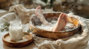 Close-up of feet soaking in a wooden basin with steaming mineral water, coarse salts, a pine sprig, and a towel on a tray in a softly lit home spa setting.