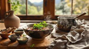Steaming bowl of Colorado green chili garnished with cilantro and roasted chiles on a rustic pine table, surrounded by seasoning ramekins and a cast-iron pot in a warm, sunlit kitchen.