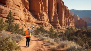 Surveyor in safety vest operates drone near red sandstone cliffs with sparse vegetation under warm sunlight, illustrating geological monitoring in Colorado.
