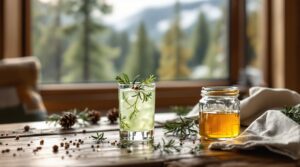 A glass of evergreen cocktail garnished with spruce tips and juniper berries sits on a rustic wooden table beside a jar of golden syrup, surrounded by evergreen needles and pine cones, with soft natural light and blurred pine-covered foothills in the background.