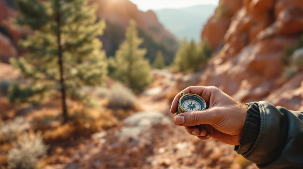 Close-up of hiker’s hands holding a geocache container and compass on a dirt trail, with blurred red rocks and evergreen trees in the background, suggesting outdoor adventure near Manitou Springs, Colorado.