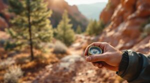 Close-up of hiker’s hands holding a geocache container and compass on a dirt trail, with blurred red rocks and evergreen trees in the background, suggesting outdoor adventure near Manitou Springs, Colorado.