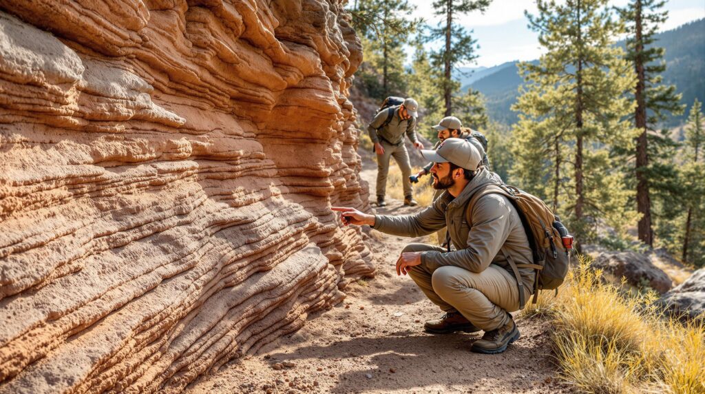 Two hikers kneeling on a mountain trail examine exposed granite and sandstone soil layers, surrounded by pine trees and distant foothills in soft morning light.
