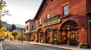 Red-brick 1890s livery stable converted into rustic retail shops with open barn doors, pedestrians walking by, and distant foothills in the background on a sunny afternoon