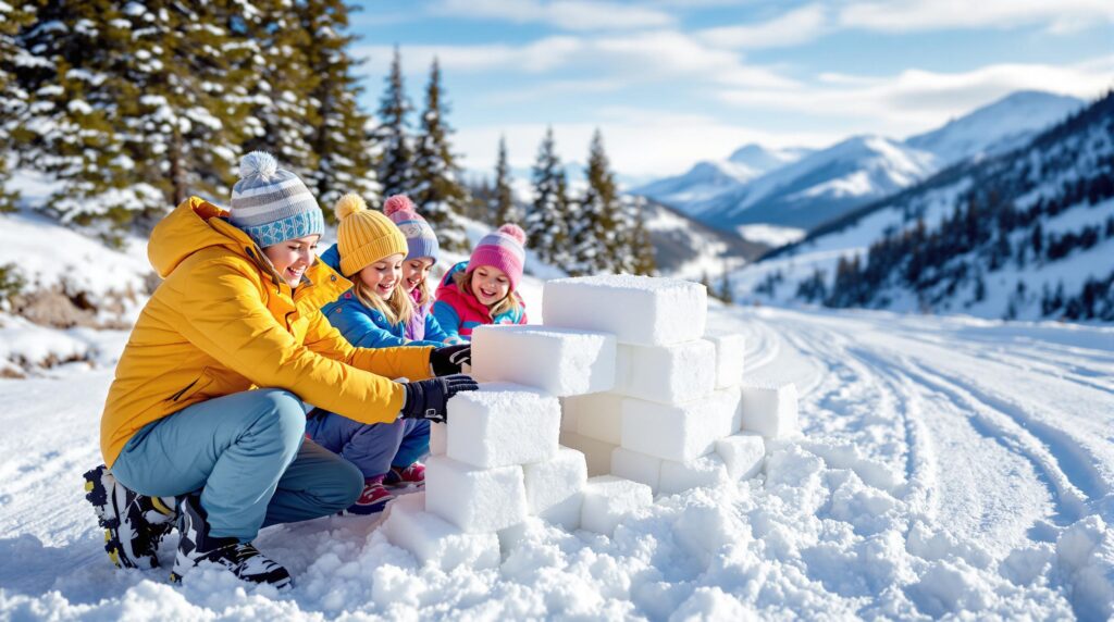 Three children in colorful winter clothes build a small igloo from snow blocks beside a snowy mountain highway, surrounded by pine trees and distant rocky peaks under a clear blue sky.