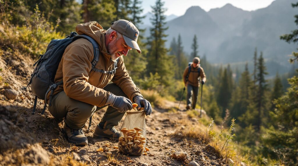 Two hikers foraging mushrooms on a forested mountain trail, one gently collecting a mushroom while the other observes, surrounded by pine trees and dappled sunlight.