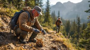 Two hikers foraging mushrooms on a forested mountain trail, one gently collecting a mushroom while the other observes, surrounded by pine trees and dappled sunlight.