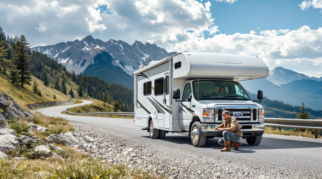 Person checking RV tire with gauge on mountain highway shoulder, evergreen slopes and distant peaks in background under blue sky