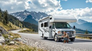 Person checking RV tire with gauge on mountain highway shoulder, evergreen slopes and distant peaks in background under blue sky