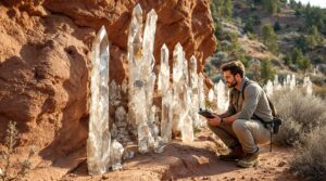 Geologist examines vertical quartz crystals in sandstone outcrop, outdoors near foothills with scattered pines and soft afternoon sunlight