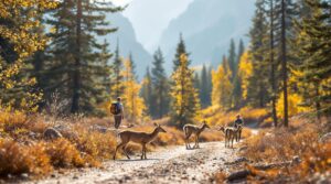 Mule deer crossing a forested mountain trail as hikers wait in the background on a sunny autumn morning, with aspen and evergreen trees surrounding the path.