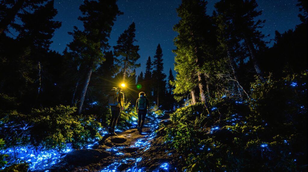 Two hikers walk a moonlit forest trail surrounded by glowing bioluminescent fungi and moss, with soft headlamp beams illuminating their path under a clear, star-filled sky.