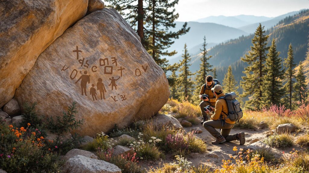 Two hikers kneel near weathered petroglyphs on a sandstone boulder along a forested trail, surrounded by pines and wildflowers, with foothills blurred in the background.