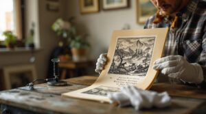 Art collector examining vintage-style etchings on a wooden table in a softly lit studio, with magnifying loupe and cotton gloves nearby