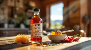 Close-up of a glass bottle of mead-aged hot sauce with condensation, honeycomb, wooden honey dipper, fresh red chile peppers, and a small dish of sauce on a rustic wooden table, softly lit by natural morning light.