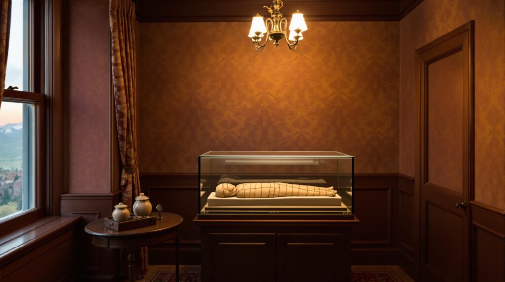 Victorian-style museum room with Egyptian mummy in glass case, wooden paneling, antique decor, and soft lighting.