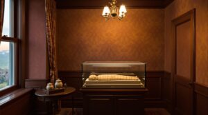 Victorian-style museum room with Egyptian mummy in glass case, wooden paneling, antique decor, and soft lighting.