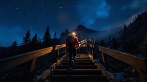 A hiker wearing a red jacket and headlamp climbs steep wooden steps on a mountainside trail at night, using a smartphone connected to a power bank, with pine trees and a misty, moonlit sky in the background.