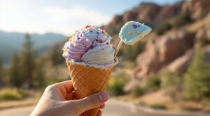 Hand holding waffle cone with two scoops of artisanal blue and lavender ice cream, topped with edible flower petals, against a blurred outdoor background with sunlight and distant evergreens.