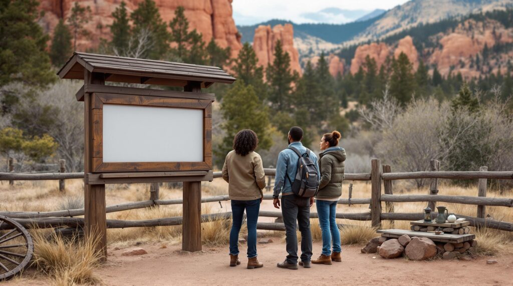 African American family examines pioneer artifacts and a wooden kiosk at a rustic trailhead with red rocks and pine trees in the background near Manitou Springs.