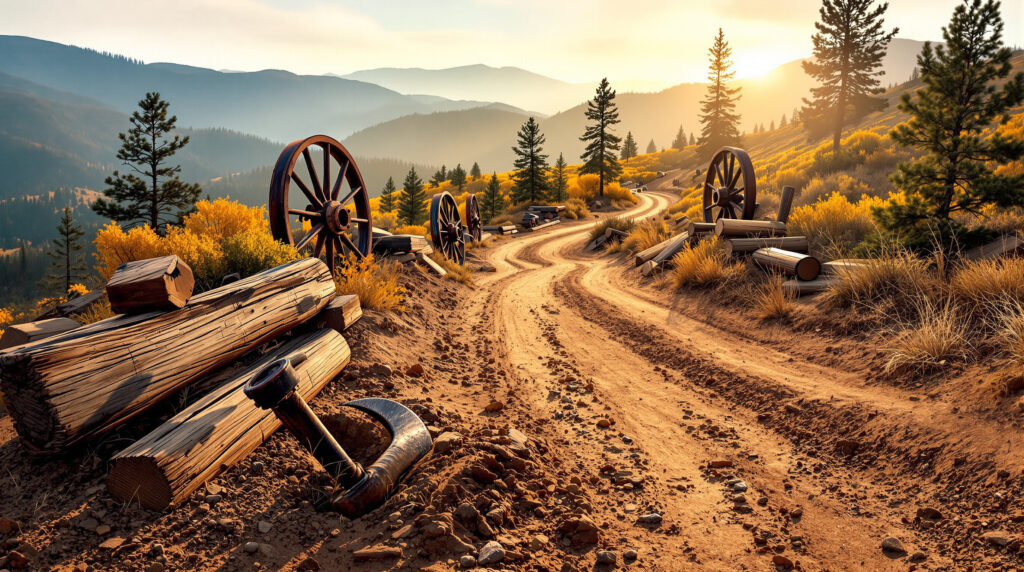 Weathered mining relics and rusty cart wheels scattered along a winding dirt road in the Colorado foothills, surrounded by pine trees and autumn foliage under soft morning sunlight.