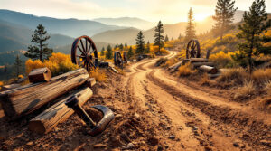 Weathered mining relics and rusty cart wheels scattered along a winding dirt road in the Colorado foothills, surrounded by pine trees and autumn foliage under soft morning sunlight.