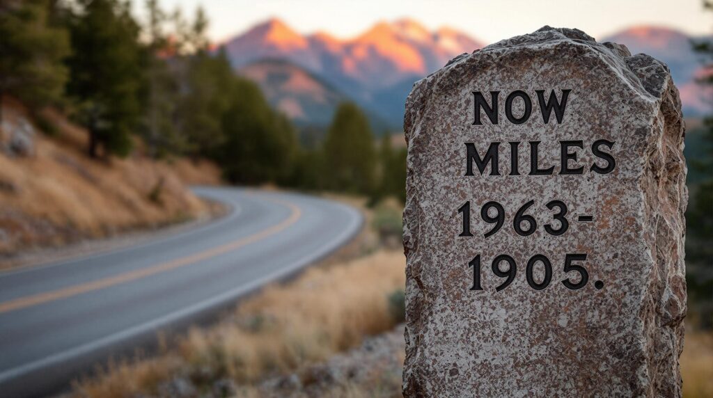 Weathered stone mile marker beside a mountain road, surrounded by pine trees and distant red foothills near Manitou Springs, Colorado, in warm golden-hour light