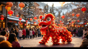 Families watch a vibrant lion dance and red lanterns during a festive Lunar New Year celebration in a small mountain town plaza with snow-dusted trees in the background.