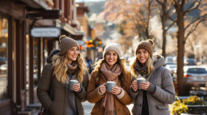Three friends in winter clothes walking on a small-town sidewalk, each holding a steaming mug of hot cocoa, with blurred rustic storefronts and mountain scenery in the background.