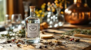 Unlabeled bottle of piñon pine-needle gin on a rustic wooden table with scattered pine needles, juniper berries, wildflowers, and a copper still in a softly lit background.