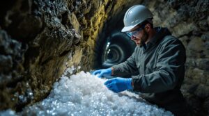 Geochemist in safety gear collects mineral salt crystals from a damp stone tunnel wall under LED lighting.