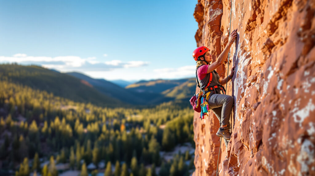 Experienced trad climber placing gear on a reddish sandstone wall with pine-covered hills and blue sky in the background near Manitou Springs, Colorado