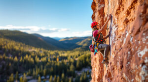 Experienced trad climber placing gear on a reddish sandstone wall with pine-covered hills and blue sky in the background near Manitou Springs, Colorado