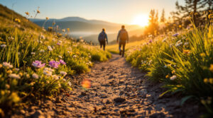 Close-up of hikers’ boots walking on a dirt trail through wildflowers and grasses in an alpine meadow at sunrise, with misty foothills in the background.