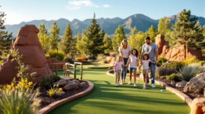 A smiling family plays miniature golf on a landscaped course with Rocky Mountain-style features, red-sandstone rocks, and lush greenery, under a sunny blue sky.