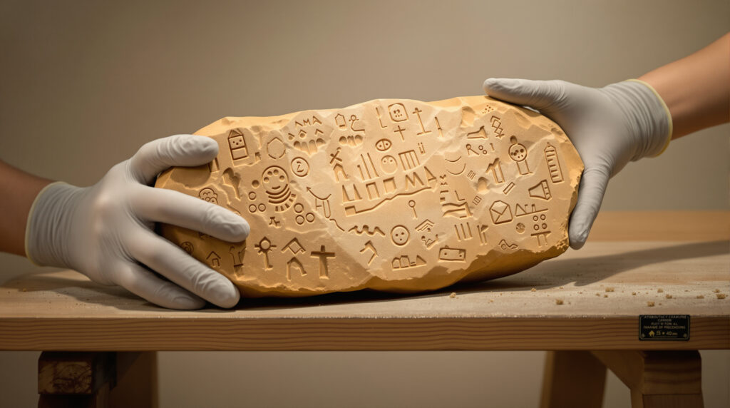 Archaeologist’s gloved hands examining a sandstone slab with petroglyph replicas on a wooden table, neutral background