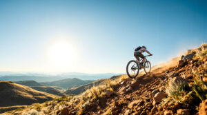 Mountain biker rides up a rocky singletrack trail on a sunlit hillside with foothills and distant blue mountains in the background under a clear sky.