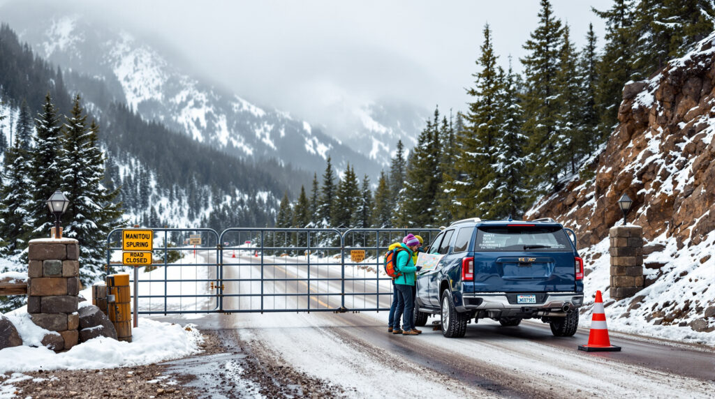 Three hikers with backpacks study a map beside a parked SUV at a snow-dusted mountain road gate, blocked for seasonal closure, with pine trees and misty foothills in the background.