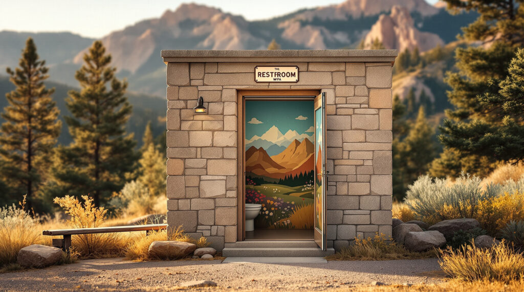 Stone WPA-era restroom building in a mountain park with an open door revealing a faded mural of Colorado peaks and wildflowers, sunlit trees and bench nearby.