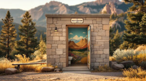 Stone WPA-era restroom building in a mountain park with an open door revealing a faded mural of Colorado peaks and wildflowers, sunlit trees and bench nearby.