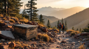 Two hikers examining a small wooden box beside a rocky mountain trail surrounded by pine trees and red sandstone under a hazy sunrise sky.