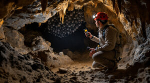 A researcher in a helmet and headlamp records bat sounds with a microphone inside a limestone cave, surrounded by rock formations and subtle light beams.