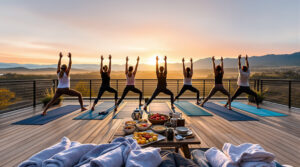 A group of adults practicing yoga on a rooftop deck at sunrise with breakfast foods nearby, mountains in the distance, and soft golden light illuminating the scene.