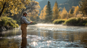 A fly fisherman stands in waders casting into a calm, tree-lined creek at sunrise, with mist rising from the water and softly blurred foothills in the background.