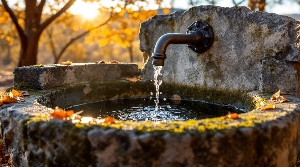 Weathered stone horse trough with spring water pouring from an iron spout, surrounded by autumn leaves and blurred trees in the background.