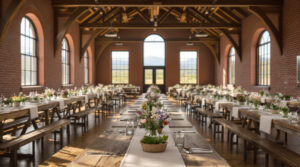 Interior of a renovated historic schoolhouse set up for a farm-to-table event, with long wooden tables, mason jar flower centerpieces, and soft natural light filtering through large arched windows in a rustic, inviting atmosphere.