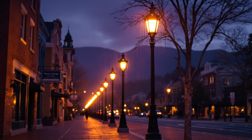 Restored 19th-century street lamps glowing along a wet sidewalk at dusk with brick buildings and trees in the background in a small town setting.